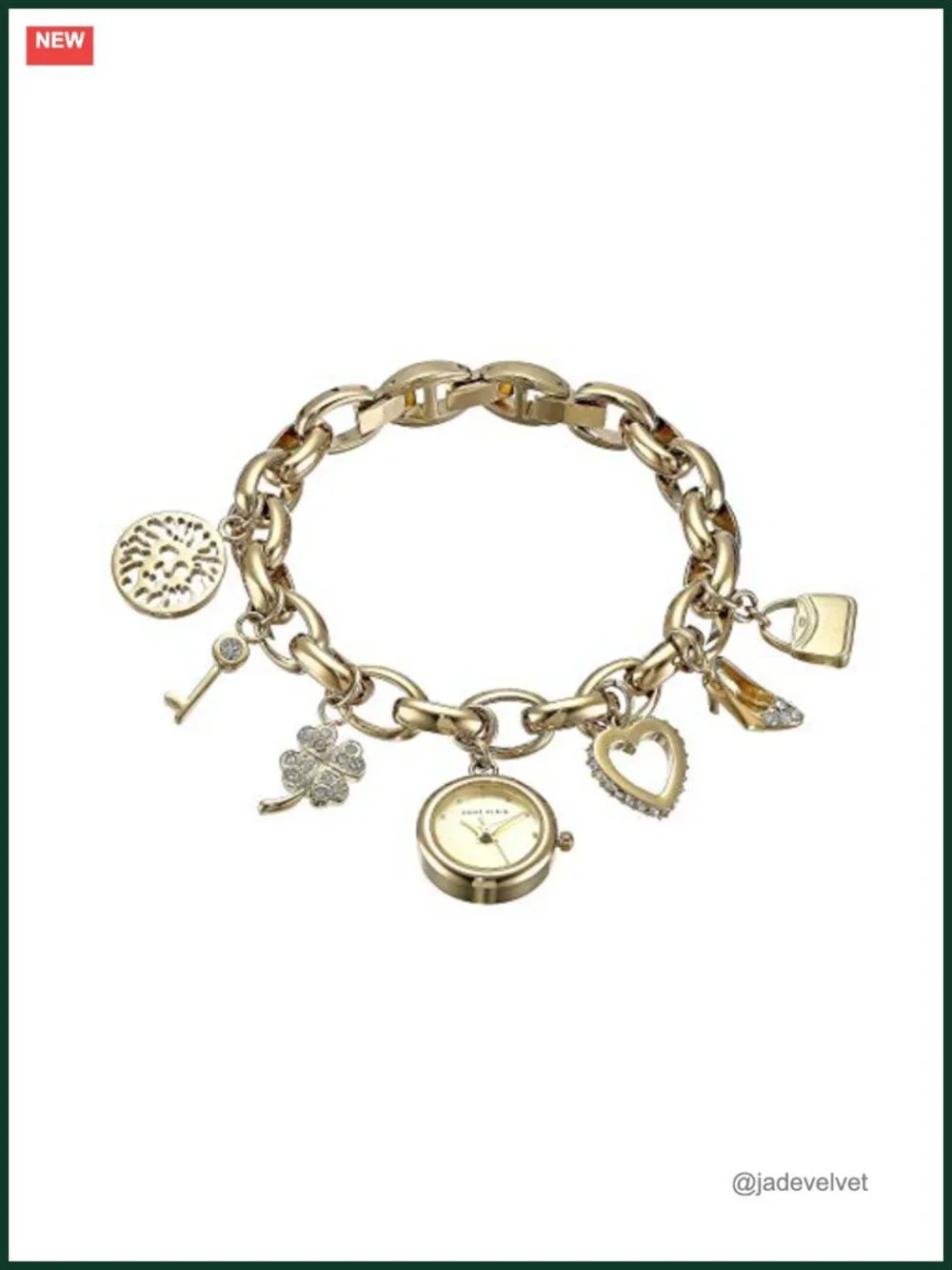 Gold-Tone Stainless Steel Charm Bracelet Watch with Crystal Accents, Quartz,